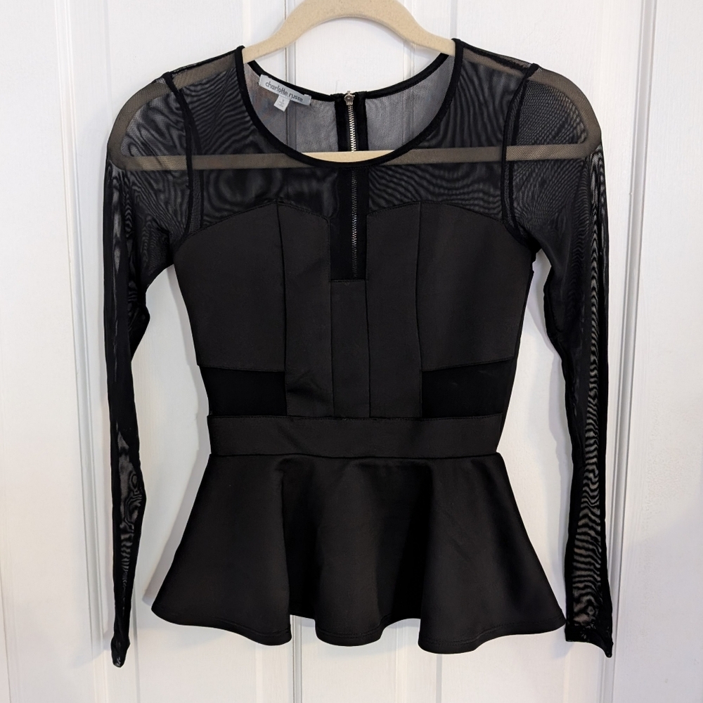 Charlotte Russe Womens Whimsigoth Top SMALL Y2K Fitted Sheer Mesh Sleeves Peplum